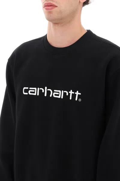 Carhartt Fleeced Cotton Crew-neck Sweatshirt With Embossed Logo In Black