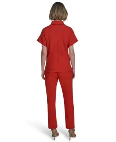 Halston Womens Compression Short Sleeve Polo Top Low Rise Straight Leg Hardware Pants In Red