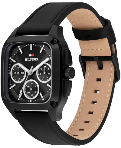Tommy Hilfiger Men's Multifunction Black Leather Strap Watch, 39mm