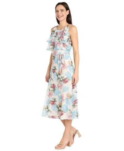 R & M Richards Petite Floral-print Ruffled Midi Dress In Gray