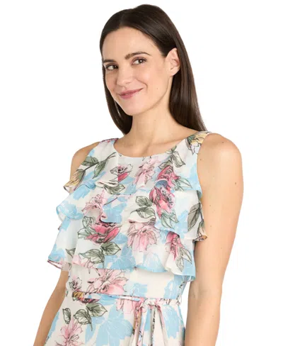 R & M Richards Petite Floral-print Ruffled Midi Dress In Gray