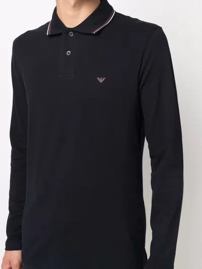 Emporio Armani Blue Long Sleeve Polo Shirt With Logo Embroidery In Stretch Cotton