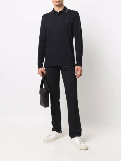 Emporio Armani Blue Long Sleeve Polo Shirt With Logo Embroidery In Stretch Cotton