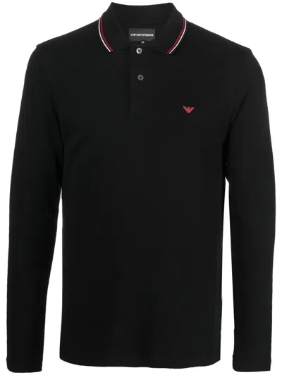 Emporio Armani Black Long Sleeve Polo Shirt With Logo Embroidery In Stretch Cotton Man In Black
