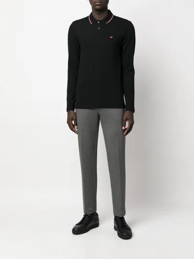 Emporio Armani Black Long Sleeve Polo Shirt With Logo Embroidery In Stretch Cotton Man In Black