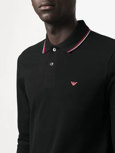 Emporio Armani Black Long Sleeve Polo Shirt With Logo Embroidery In Stretch Cotton Man In Black