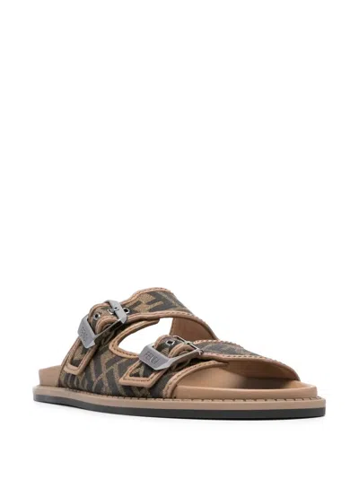 Fendi Men Feel Jacquard Ff Fabric Sandals In Brown