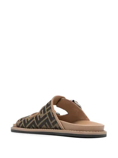 Fendi Men Feel Jacquard Ff Fabric Sandals In Brown