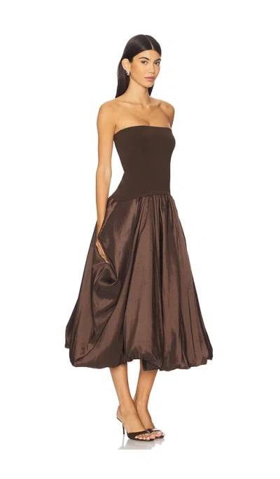 Simkhai Izzy Strapless Taffeta Midi Dress In Brown