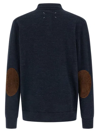 Maison Margiela Knitwear With Buttoned Collar And Elbow Patches In Blue