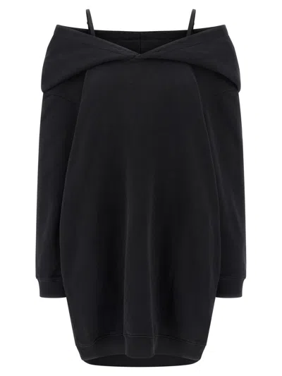 Mm6 Maison Margiela Mm6 By Maison Margiela Off-shoulder Black Sweatshirt Dress With Cozy Hood