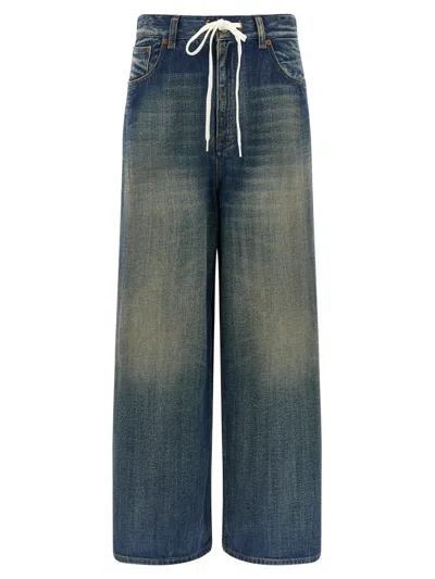 Mm6 Maison Margiela Wide-leg Drawstring Trousers Contrast Stitching In Blue