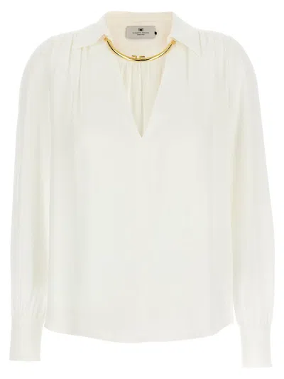 Elisabetta Franchi Pleated Shoulder Long Sleeve Shirt With Gold Hardware In White