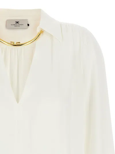 Elisabetta Franchi Pleated Shoulder Long Sleeve Shirt With Gold Hardware In White