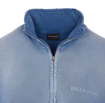Balenciaga Distressed Logo Zip-up Sweatshirt In Blue