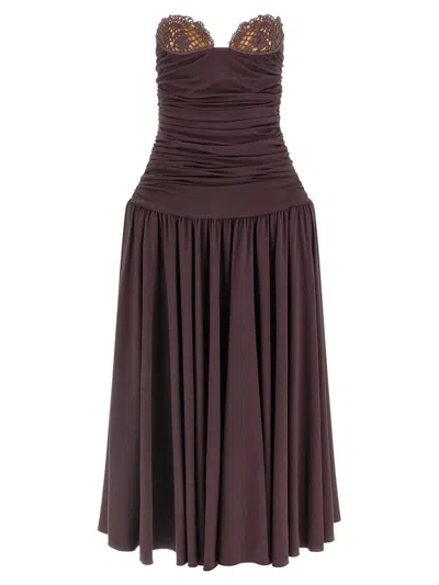Magda Butrym Flared Skirt Lace Trim Ruched Dress In Brown