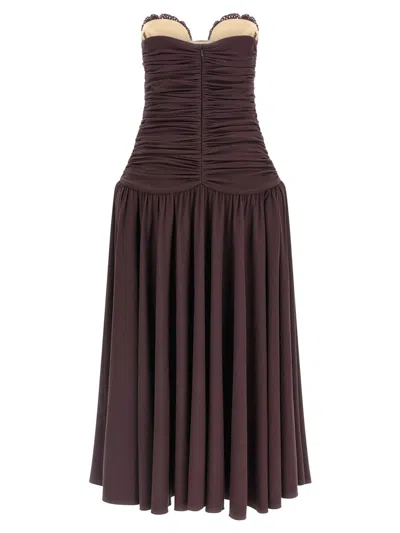 Magda Butrym Flared Skirt Lace Trim Ruched Dress In Brown