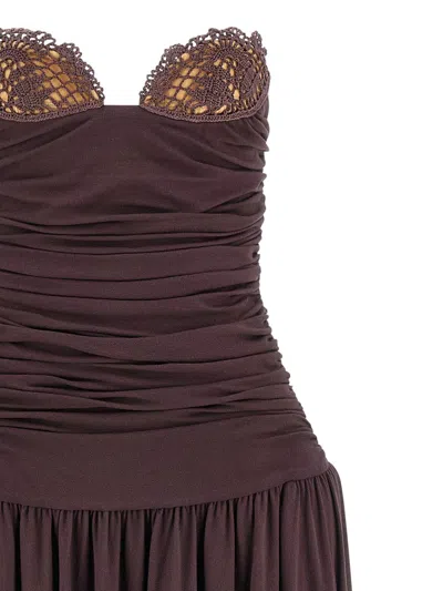 Magda Butrym Flared Skirt Lace Trim Ruched Dress In Brown