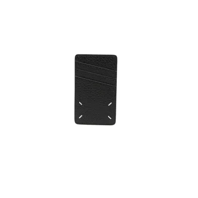 Maison Margiela Leather Card Holder With Embossed Texture And Contrasting Stitching In Black