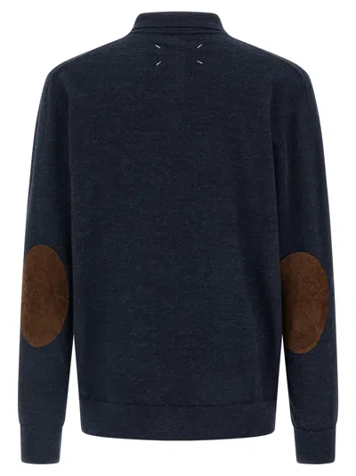 Maison Margiela Knitwear With Buttoned Collar And Elbow Patches In Blue