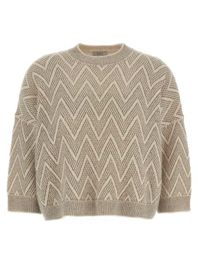 Peserico Zigzag Cropped Crew Neck Sweater With Dropped Shoulders In Brown