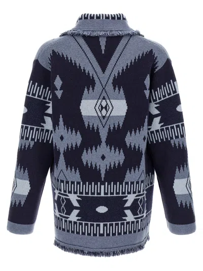 Alanui 'geometric Shawl Collar Cardigan With Fringed Edges' In Blue