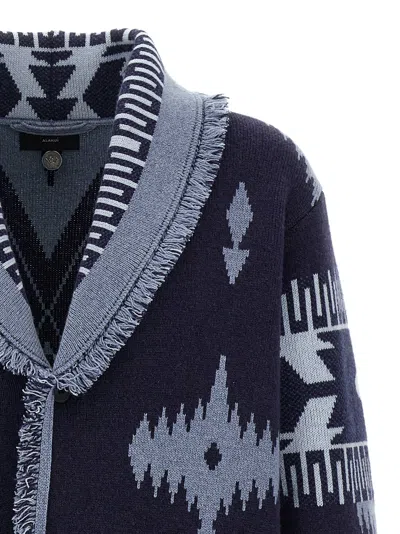 Alanui 'geometric Shawl Collar Cardigan With Fringed Edges' In Blue