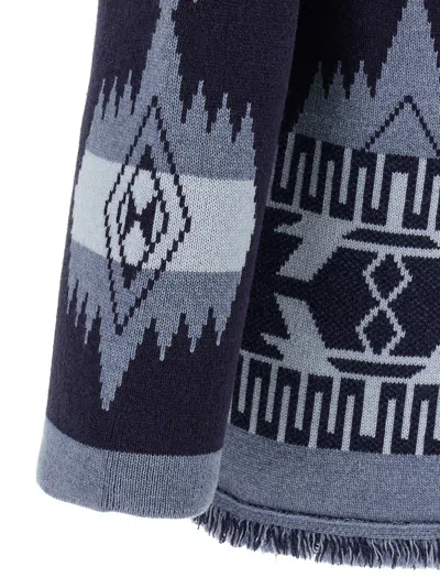 Alanui 'geometric Shawl Collar Cardigan With Fringed Edges' In Blue