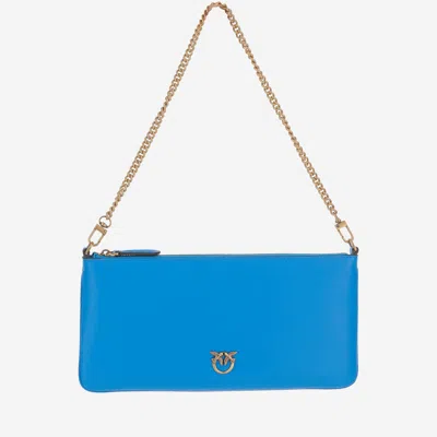 Pinko Leather Clutch Bag With Logo In Blue