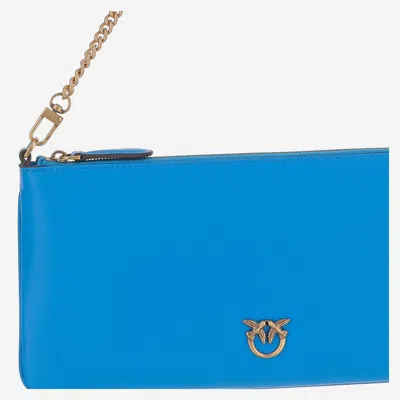 Pinko Leather Clutch Bag With Logo In Blue