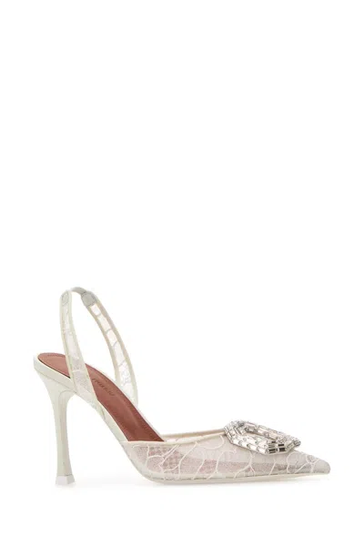 Amina Muaddi White Lace Camelia Pumps