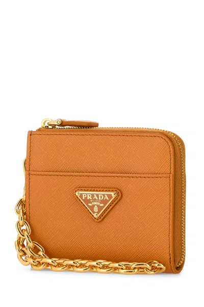 Prada Leather Wallet With Chain Strap And Gold-tone Hardware In Orange