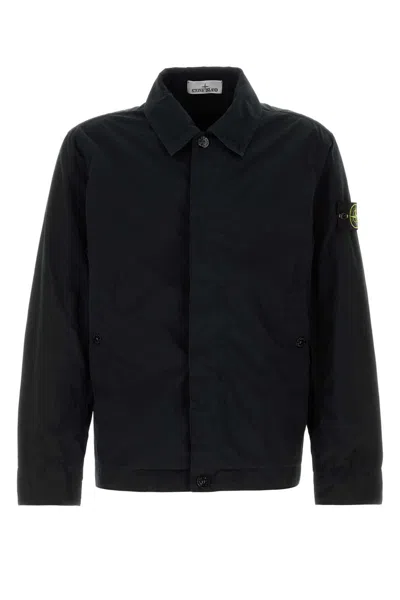 Stone Island Blue Jacket With Classic Collar And Logo Patch On The Sleeve In Tech Fabric Man
