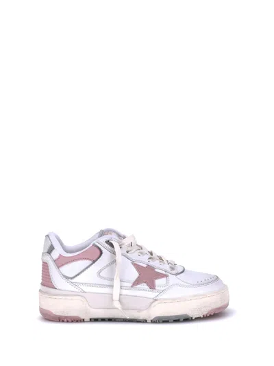 Golden Goose Forty2 Distressed Finish Leather And Fabric Sneakers With Pink Star