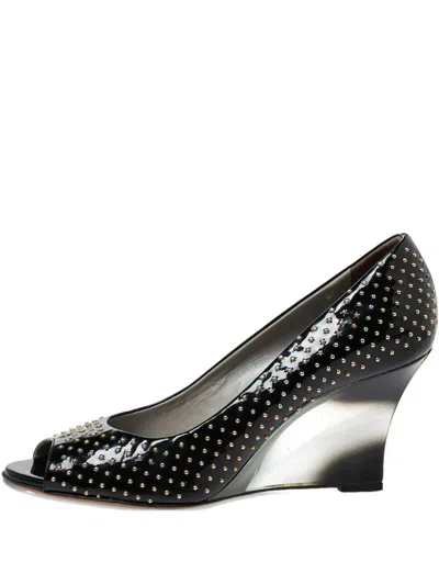 Pre-owned Versace 80mm Studded Leather Wedges In Black