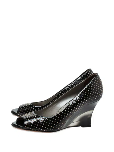 Pre-owned Versace 80mm Studded Leather Wedges In Black