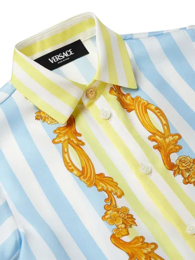 Versace Chemise Barocco Pinstriped Silk Shirt In Blue