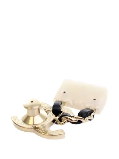 Pre-owned Chanel 2023 Gold Plated Enamel Cc Quilted Flap Brooch Costume Brooch