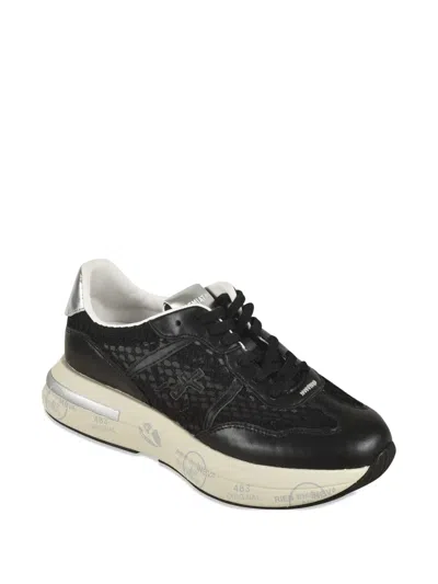 Premiata Textured Leather And Mesh Sneakers With Sole In Black