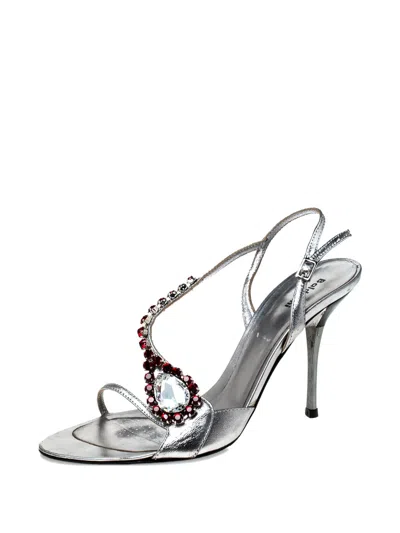 Pre-owned Baldinini 95mm Embellished Slingback Sandals In Silver