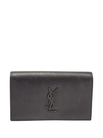Pre-owned Saint Laurent Cassandre-logo Leather Clutch Bag In Black