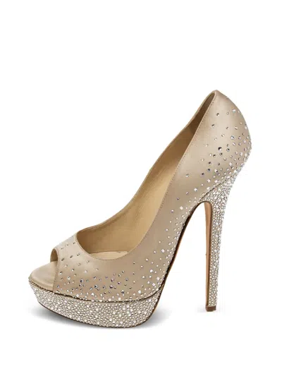 Pre-owned Jimmy Choo 150mm Sugar Satin Peep-toe Pumps In Neutral