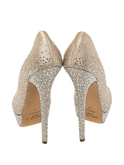 Pre-owned Jimmy Choo 150mm Sugar Satin Peep-toe Pumps In Neutral