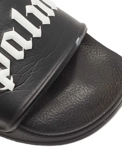 Pre-owned Palm Angels Logo Leather Slides In Black