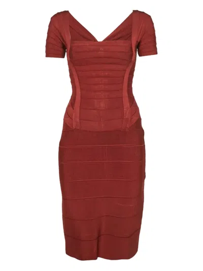 Pre-owned Herve Leger Bandage Short-sleeve Midi Dress In Red
