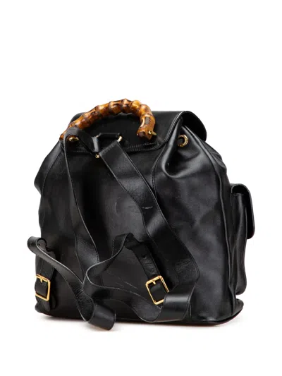 Pre-owned Gucci 20th Century Calfskin Bamboo Drawstring Backpack In Black