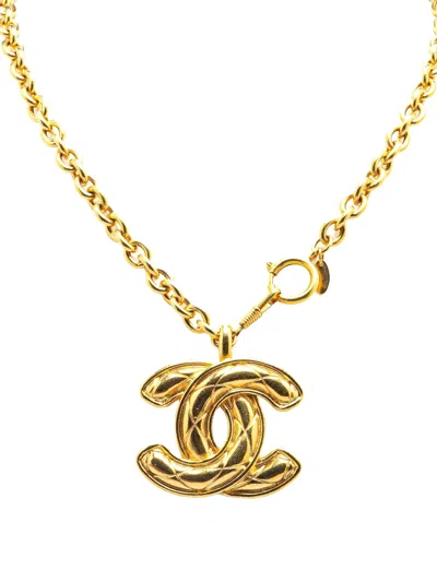 Pre-owned Chanel 1970-1980 Gold Plated Cc Quilted Pendant Necklace Costume Necklace
