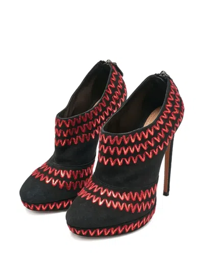 Pre-owned Alaïa 150mm Zigzag-stitch Suede Ankle Boots In Black