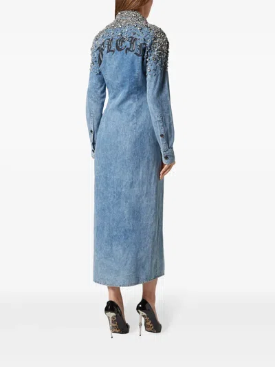 Philipp Plein Crystal-embellished Denim Maxi Dress In Multi