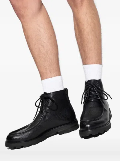 Brioni Lace-up Textured Leather Biker Boots In Black